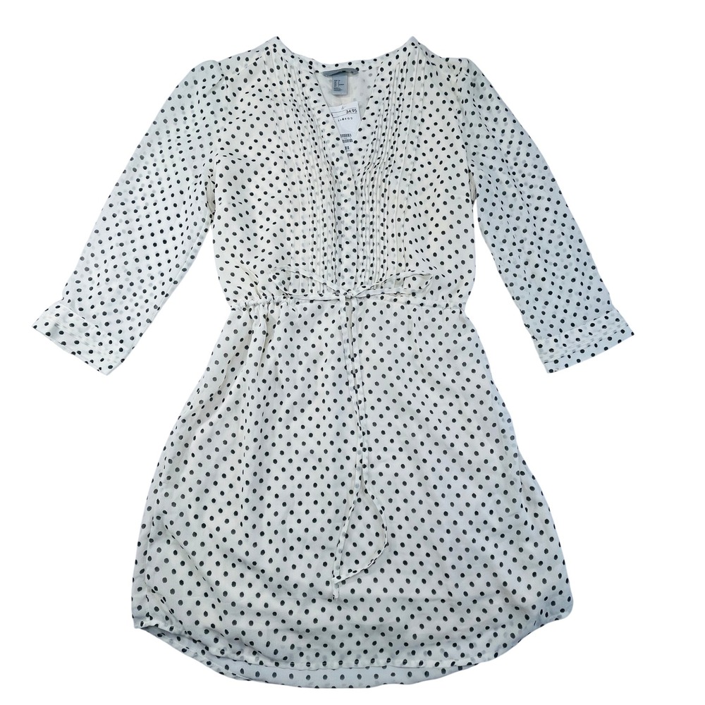 NWT H&M Polka Dot Dress Womens 6‎ Cream Black V Neck 3/4 Sleeve Lightweight Midi
